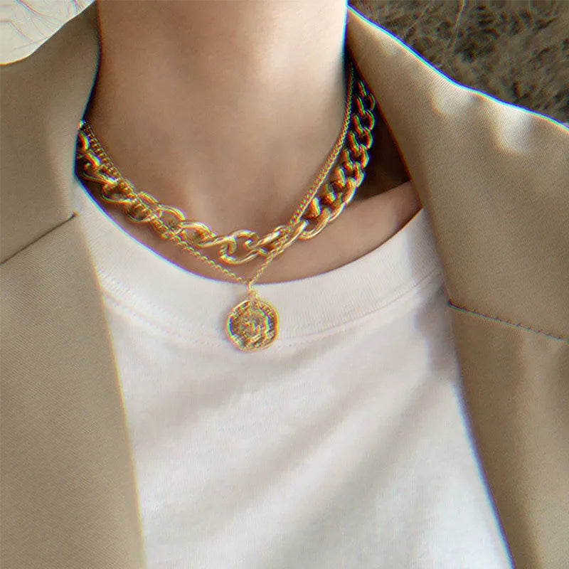 Punk Vintage Portrait Coin Pendant Necklace For Women Hip Hop