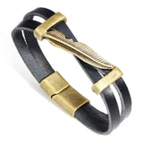 Vintage Metal Leaf Feather Multilayer Leather Bracelet Men Women
