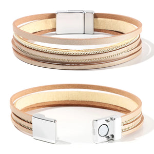Khaki Leather Wrap Bracelet Multilayer Cuff for Women