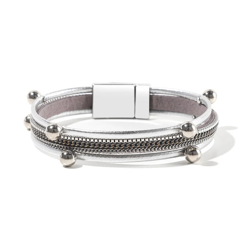 Women Multi-Layer Leather Wrap Bracelet Magnetic Buckle Bangle