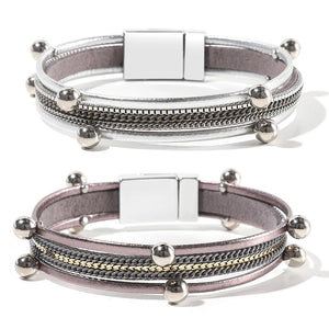 Women Multi-Layer Leather Wrap Bracelet Magnetic Buckle Bangle