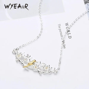 925 Silver Plum Blossom Bird Necklace for Women Party Birthday Gift