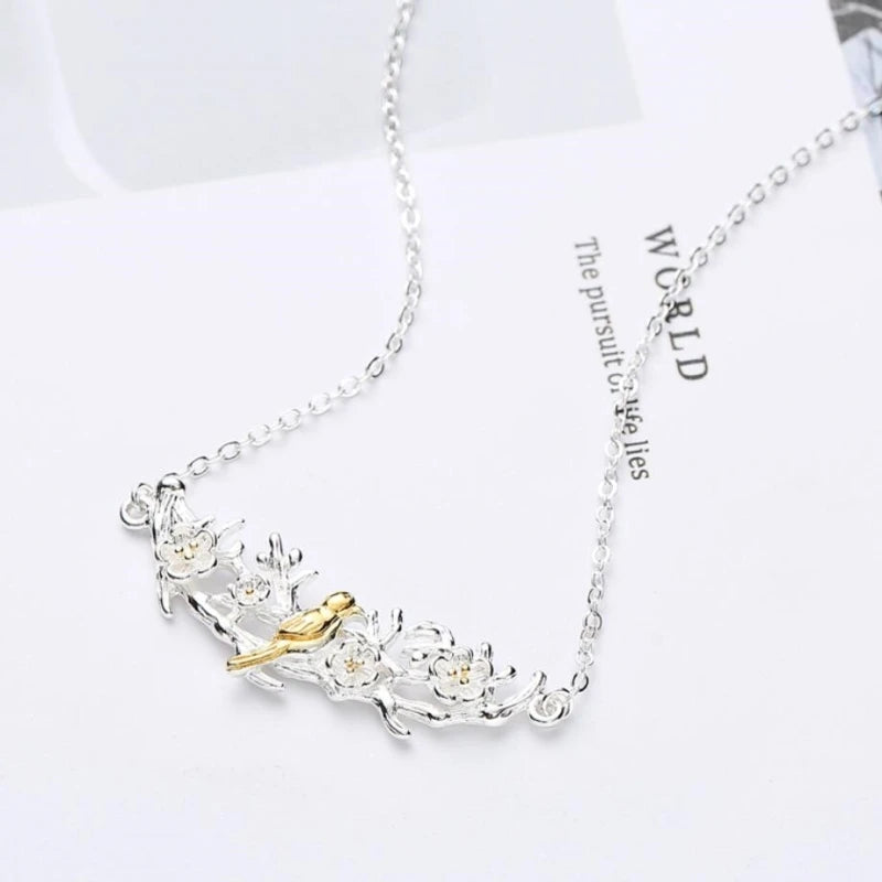 925 Silver Plum Blossom Bird Necklace for Women Party Birthday Gift