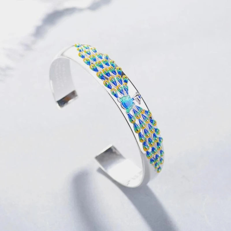925 Silver Cloisonne Peacock Sutra Bangle