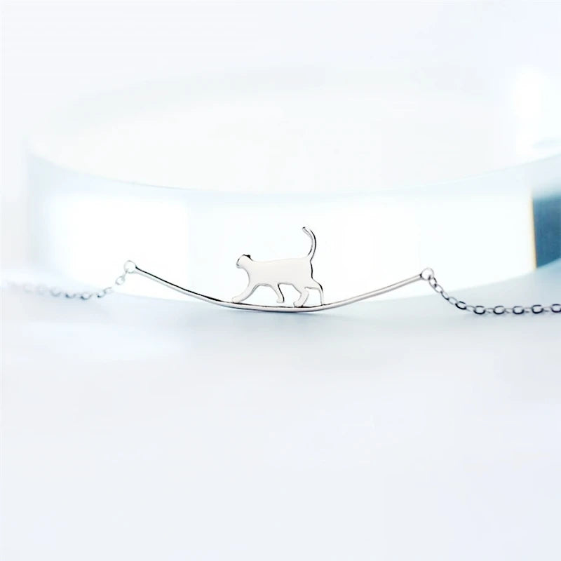 925 Sterling Silver Walking Cat Student Gift Necklace