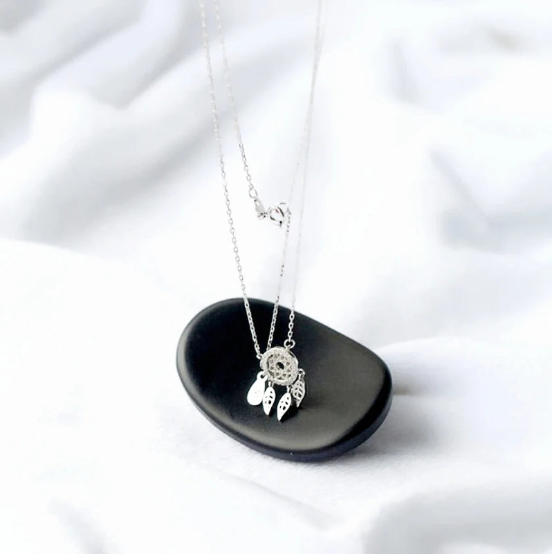925 Silver Zircon Feather Dream Catcher Necklace Women Gift