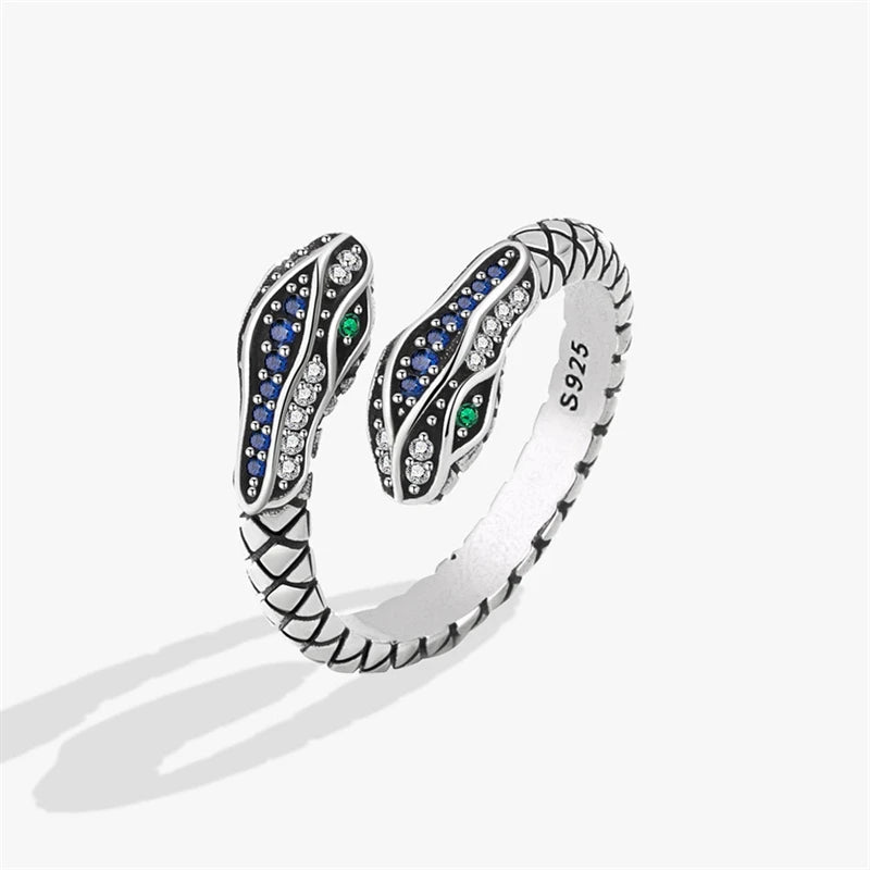 925 Silver Zircon Vintage Double Head Snake Resizable Opening Ring