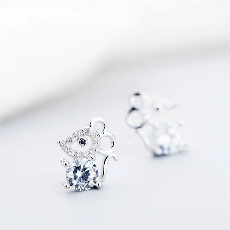 925 Silver Zodiac Mouse Crystal Sweet Earrings