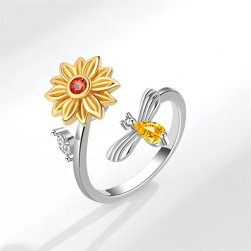 Rotatable Bee Sunflower 925 Silver Ring for Women