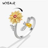 Rotatable Bee Sunflower 925 Silver Ring for Women