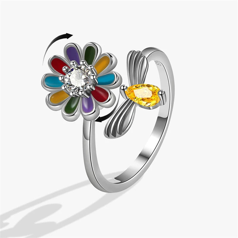 Colorful Zircon Rotatable 925 Sterling Silver Ring For Women