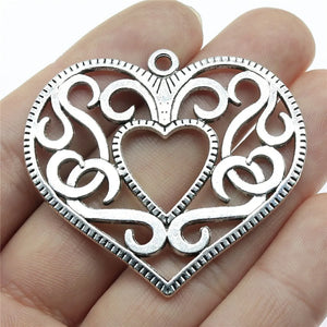 2pcs Hollow Heart Charms Antique Silver Pendant Findings