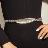 Silver Leaf Waist Chain Women Metallic Stretch Thin Elastic Belts