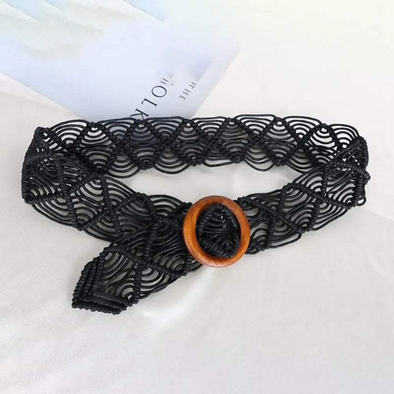 Hand-woven Ethnic Style Braided Belt Wooden Button Women Waist Chain