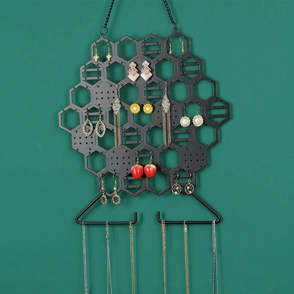 Honeycomb Wall Mount Jewelry Holder Metal Organizer for Necklaces Earrings