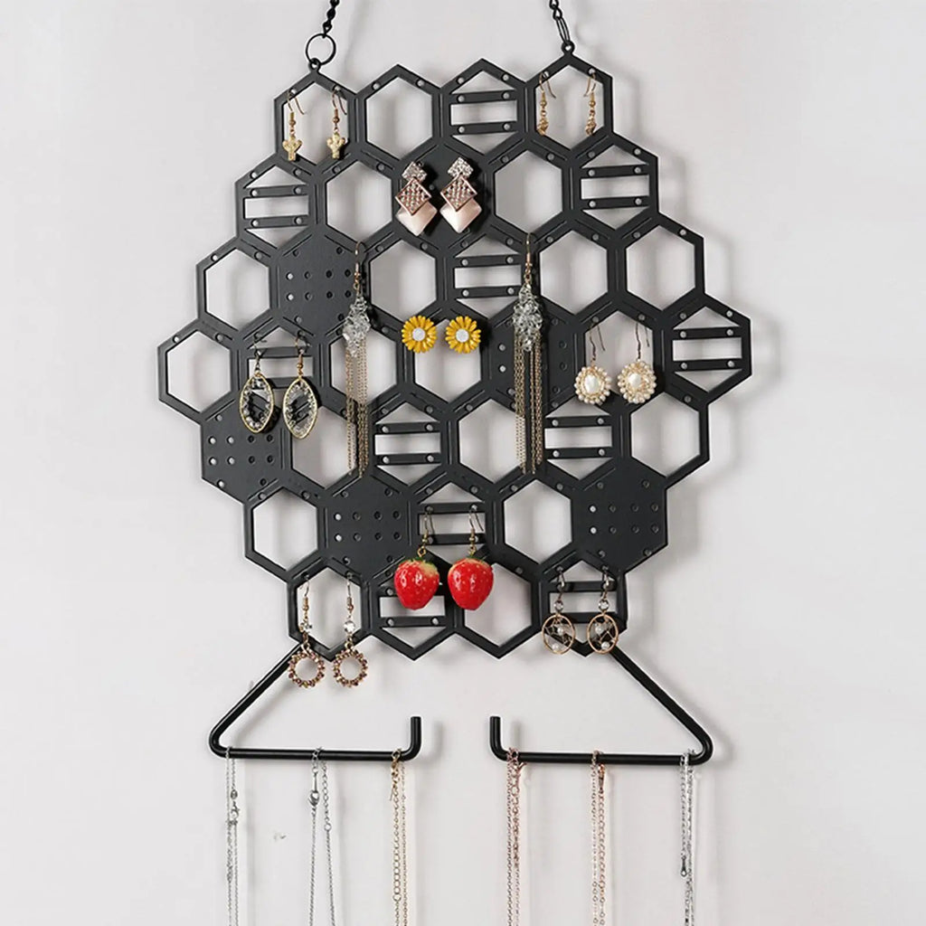 Honeycomb Wall Mount Jewelry Holder Metal Organizer for Necklaces Earrings