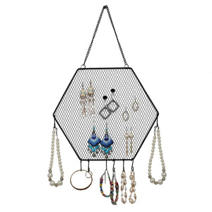 Hexagon Earring Organizer with Hanging Hooks Decorative Grid Shape