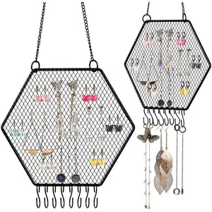 Hexagon Earring Organizer with Hanging Hooks Decorative Grid Shape
