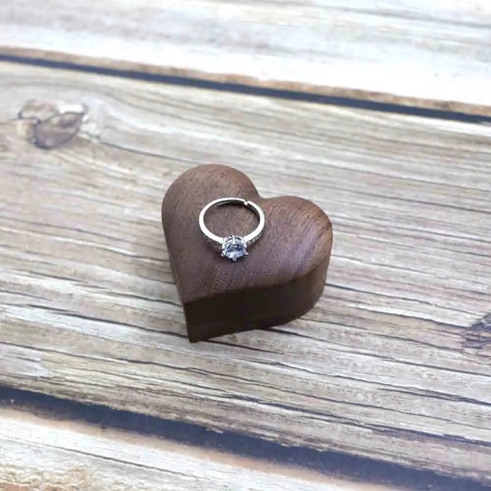 Walnut Wood Ring Box Heart Shaped Vintage Magnetic Buckle