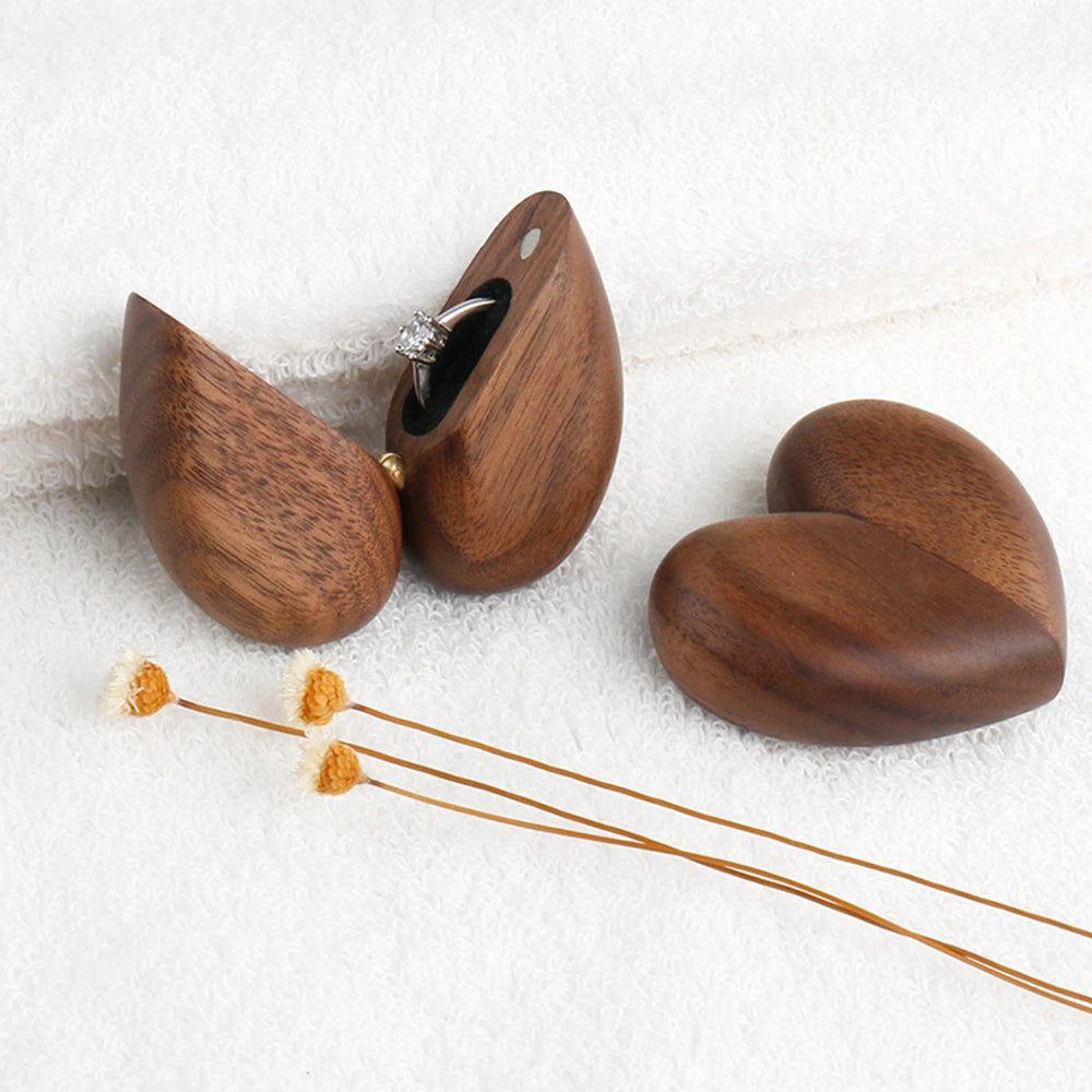 Walnut Wood Ring Box Heart Shaped Vintage Magnetic Buckle
