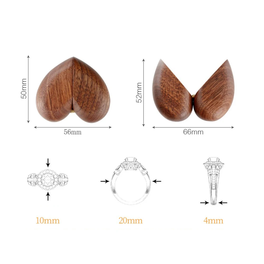 Walnut Wood Ring Box Heart Shaped Vintage Magnetic Buckle