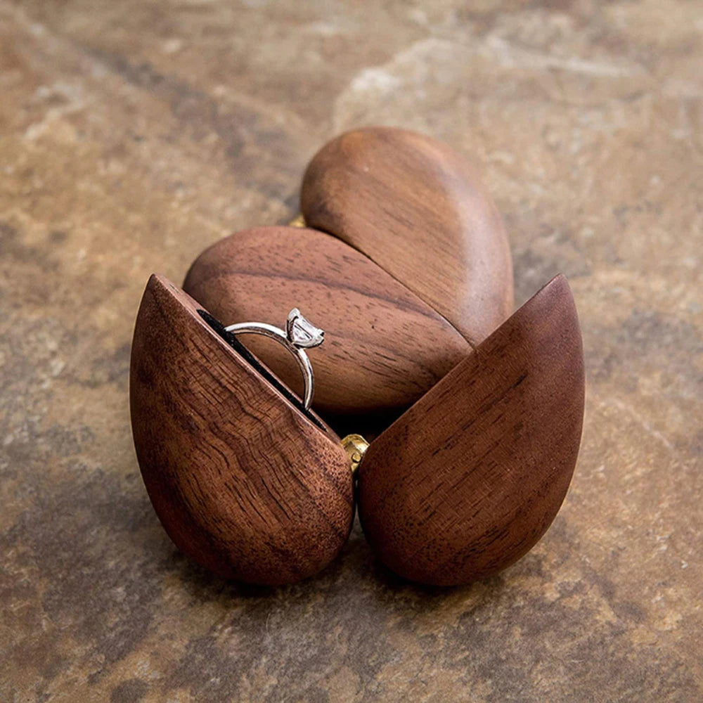 Walnut Wood Ring Box Heart Shaped Vintage Magnetic Buckle