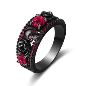 Vintage Red Zircon Flower Skull Ring - Western Punk Style