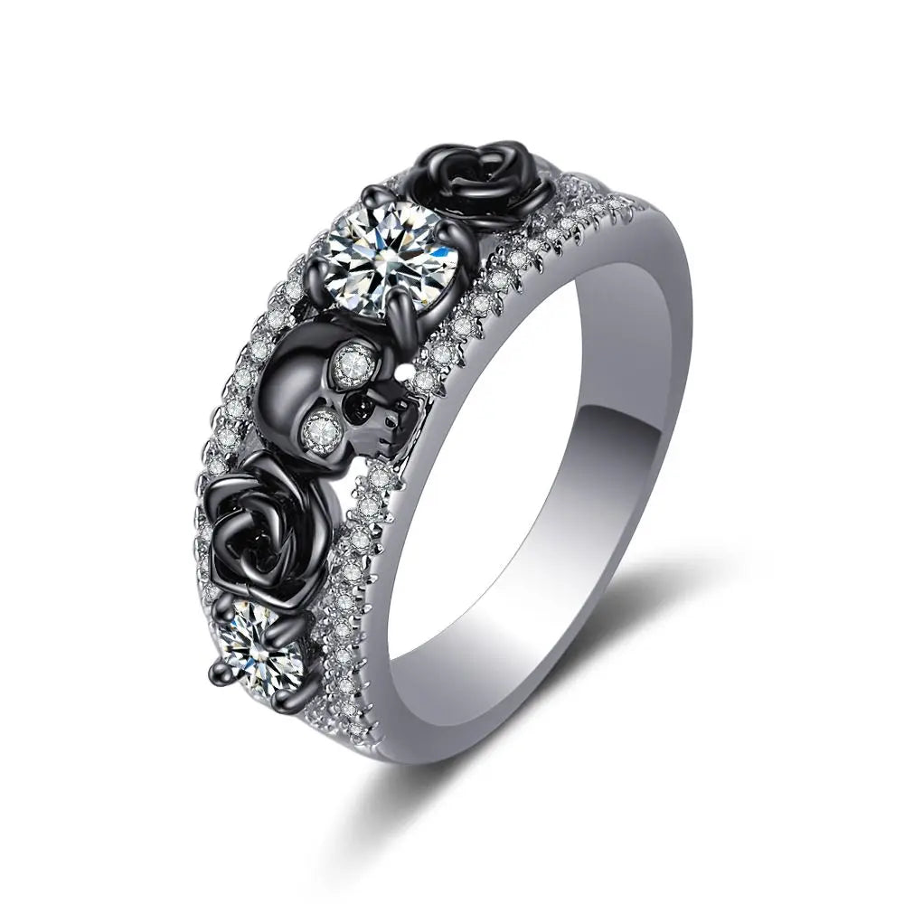 Vintage Red Zircon Flower Skull Ring - Western Punk Style