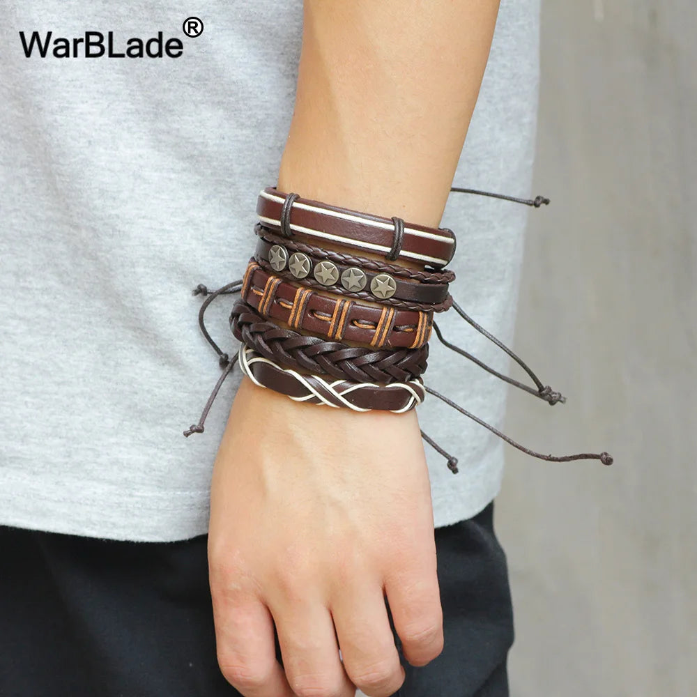 Vintage Leather Bracelet Men Multilayer Star Charm Wrap Bracelets & Bangles