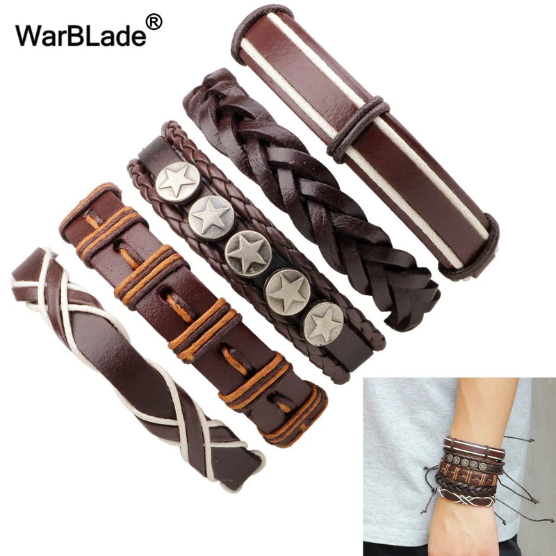 Vintage Leather Bracelet Men Multilayer Star Charm Wrap Bracelets & Bangles