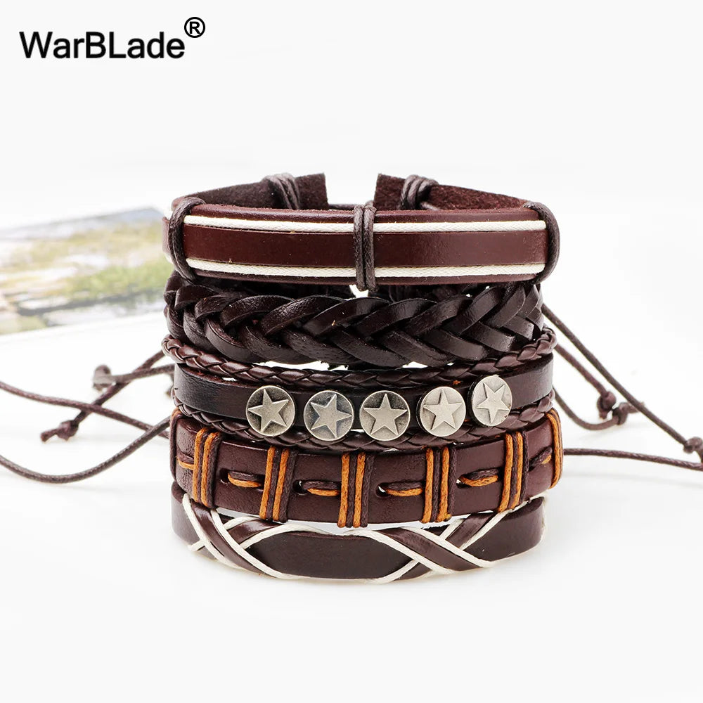 Vintage Leather Bracelet Men Multilayer Star Charm Wrap Bracelets & Bangles