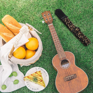 Cartoon Style Guitar Strap Denim Belt Leather Ends Yellow Leopard Print