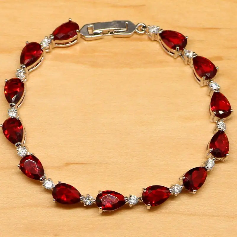 Water Drop Red Gem CZ 925 Sterling Silver Bracelet