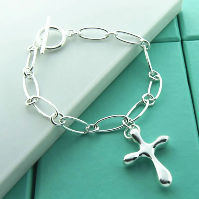 Water Drop Cross Pendant Bracelet 925 Silver Hollow Chain Party Gift
