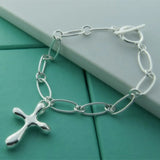 Water Drop Cross Pendant Bracelet 925 Silver Hollow Chain Party Gift