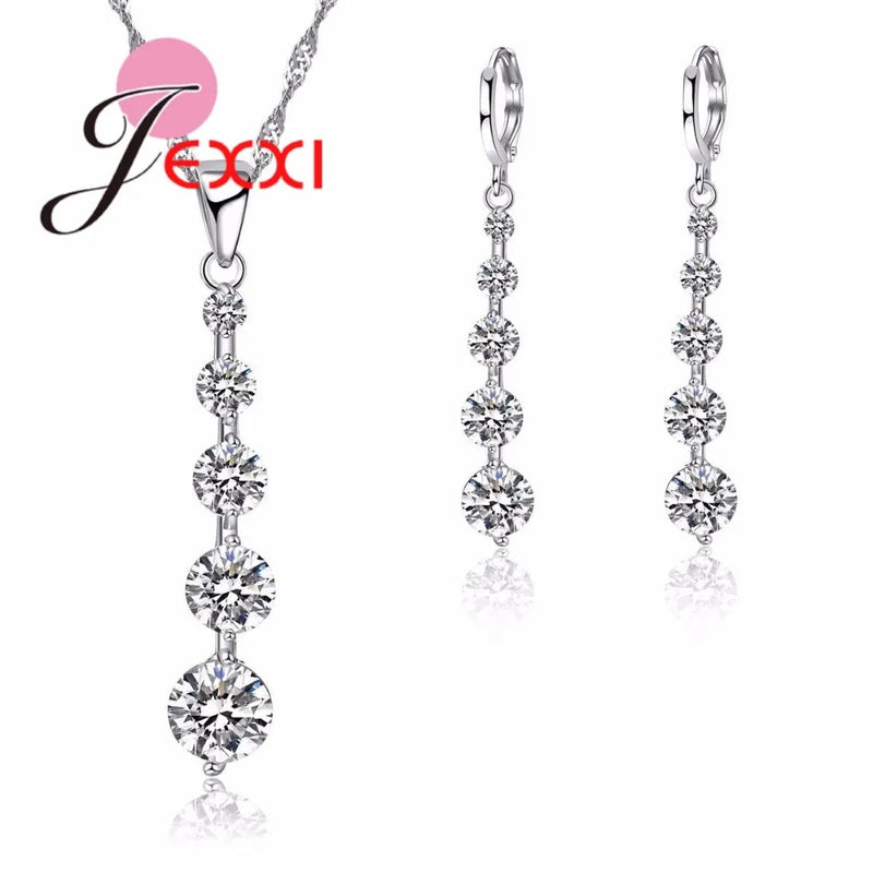 Water Drop Crystal Sparkly Jewelry Set Wedding Party Silver 925 Silver Needle