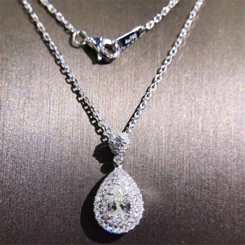 Water Drop Diamond Pendant 925 Silver Necklace Charm for Women