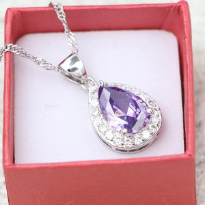 Water Drop Pendant Silver 925 Bridal Necklace Purple CZ Women