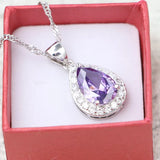 Water Drop Pendant Silver 925 Bridal Necklace Purple CZ Women