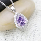 Water Drop Pendant Silver 925 Bridal Necklace Purple CZ Women
