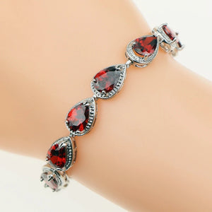 Water Drop Red Garnet CZ 925 Silver Bracelet