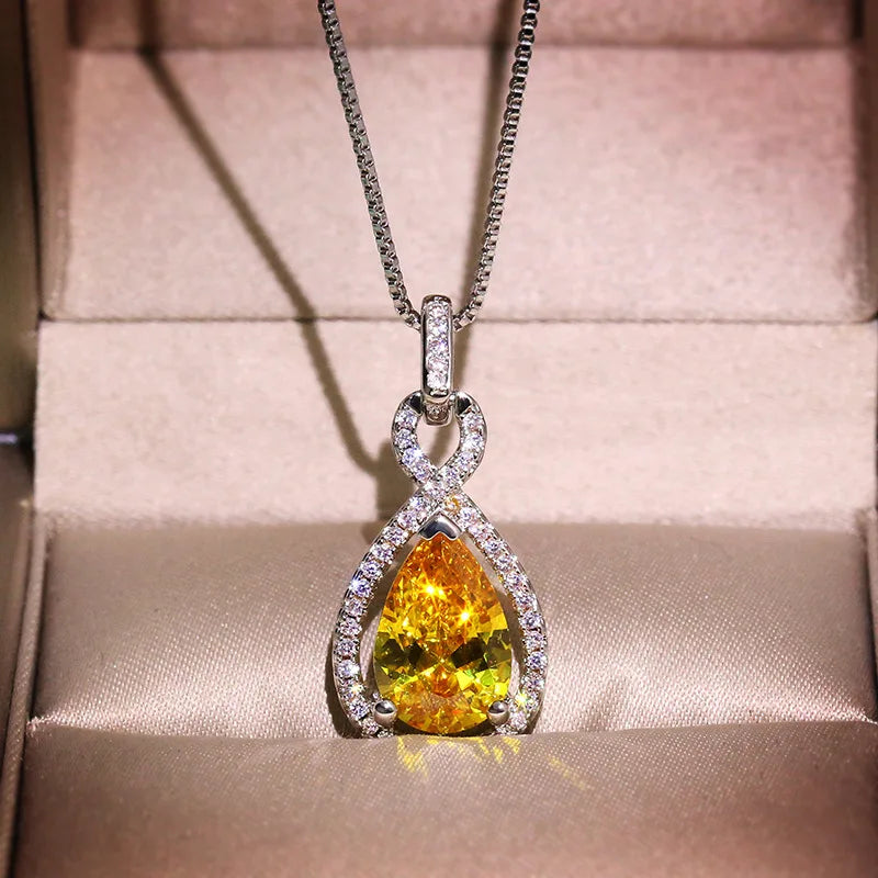 Water Drop Zircon Necklace Pendant Yellow Crystal Chain Necklace