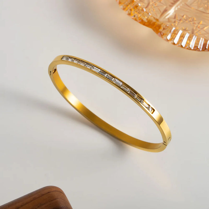 Water Proof Stainless Steel Square Zircon Bangle for Women