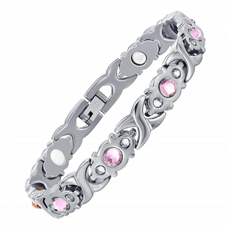 Waterproof Pink Crystal Chain Bracelets Stainless Steel Bangles