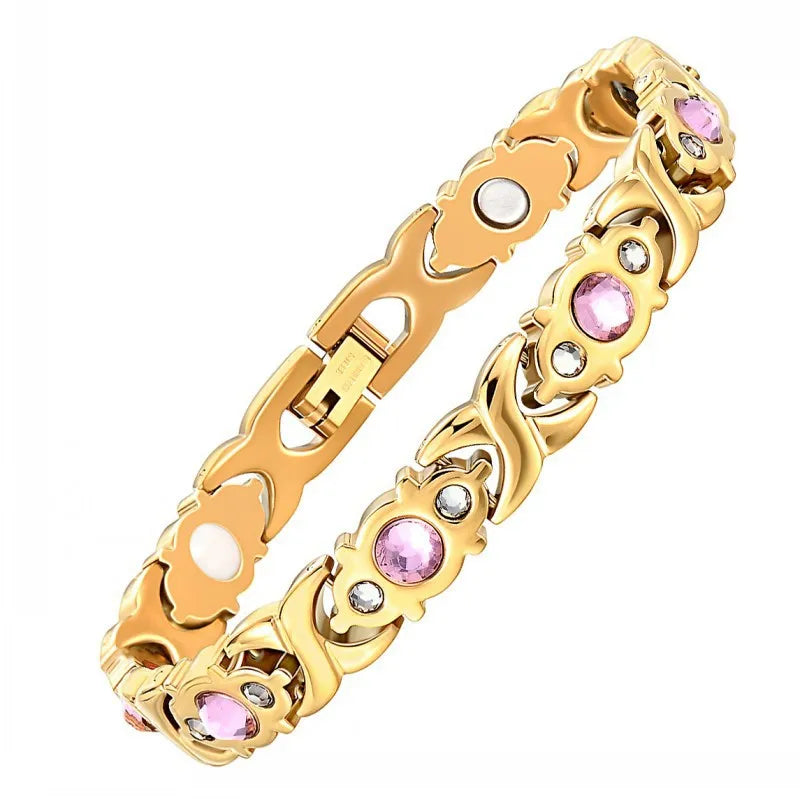 Waterproof Pink Crystal Chain Bracelets Stainless Steel Bangles