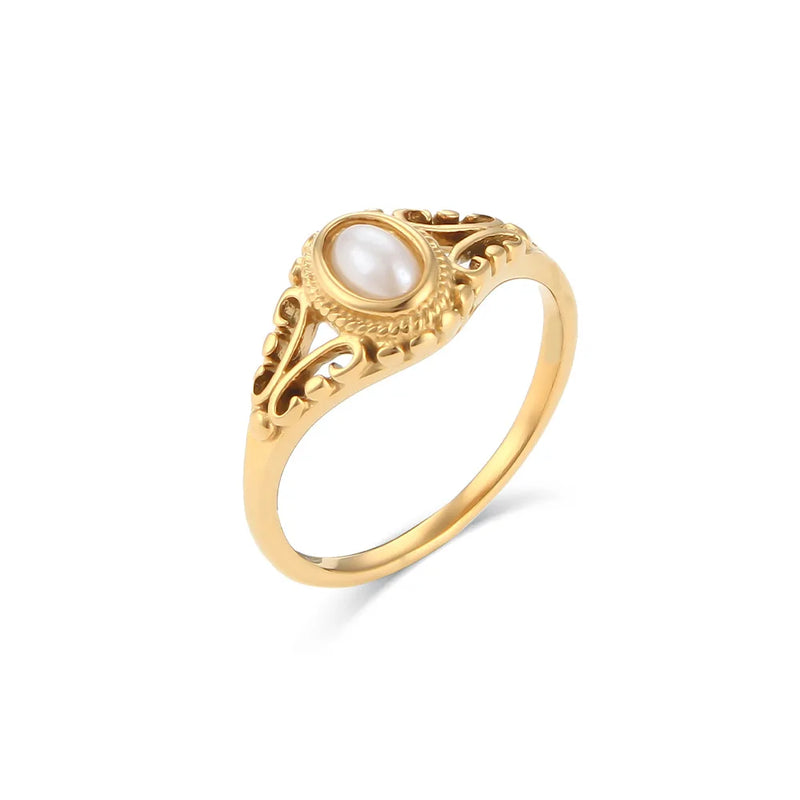 Waterproof Stainless Steel Hollow Pearl Rings for Women