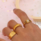Waterproof Stainless Steel Hollow Pearl Rings for Women