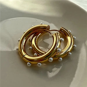 Waterproof Pearl Hoop Earrings PVD Stainless Steel Jewelry