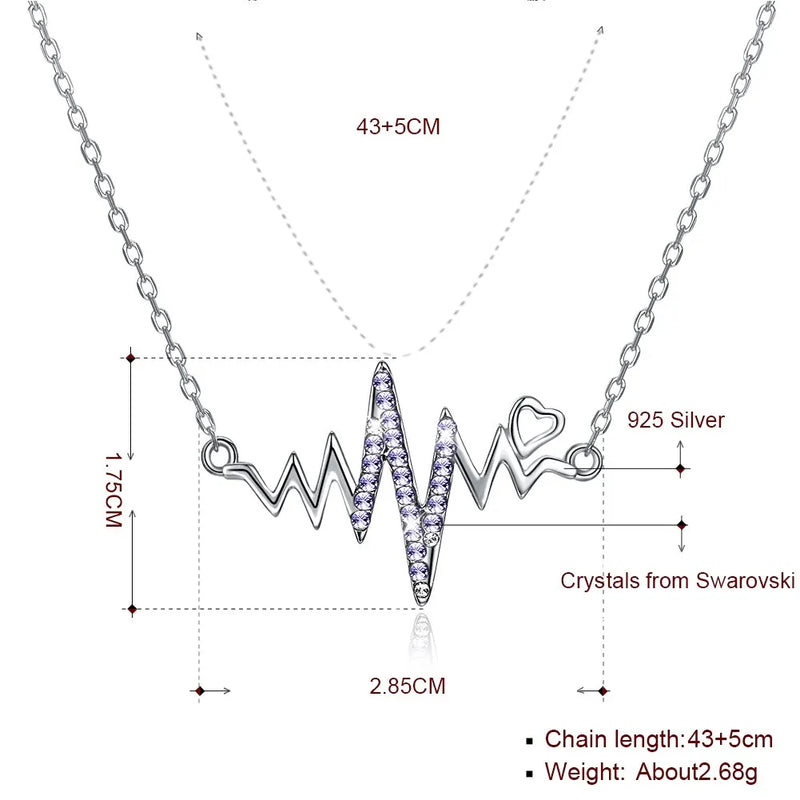 Wave Heart Necklace 925 Silver Charm Pendant Heartbeat Women Jewelry