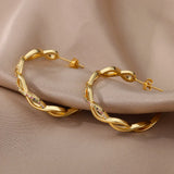 Wave Round Hoop Earrings Stainless Steel Zircon Wedding Jewelry